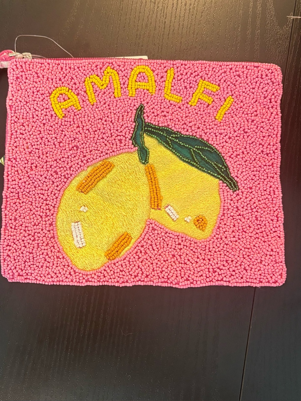 Express Edit Pink Beaded Lemon Pouch with Yellow Embroidery
